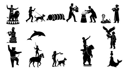 Silhouettes of circus performers with animals and props for entertainment acts