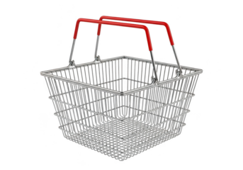 A square metal shopping basket with red handles, isolated on transparent background