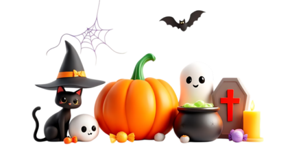 Halloween decorations with pumpkin cat ghost and candy on white