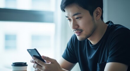 Young asian man focused on his smartphone while sitting indoors near a window
