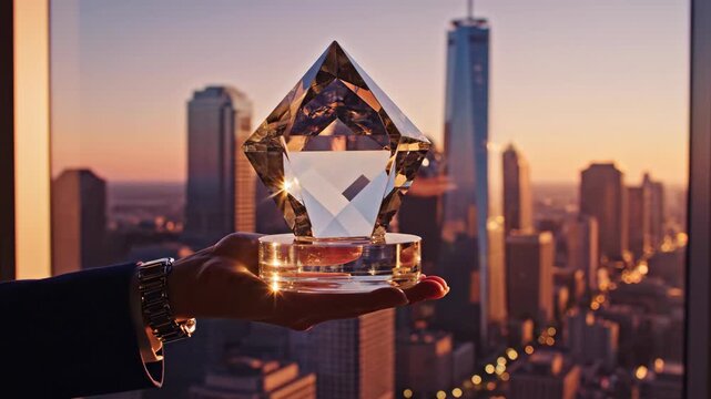 A hand holding a crystal award against a city skyline at sunset. Sun flare shines through a glass trophy. Business success and achievement concept