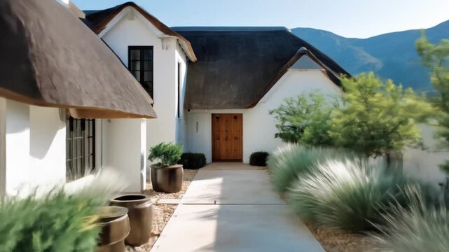 A modern house with a thatched roof, wooden door, and tall grass with a backdrop of a mountain
