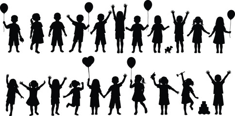 Happy children silhouettes playing with balloons celebrating childhood joy isolated on white background cute playful vector illustration set collection design