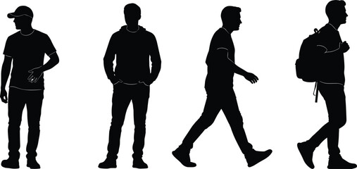 Male walking silhouettes collection showing casual standing and moving poses isolated on white background modern vector illustration set