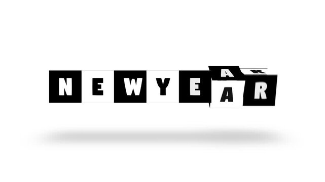 New year black white 3d cube rotating rolling text word letters, Animated Spiral Twisting cube block spinning typography motion graphics seamless loop, 3D cube spin animation video white background