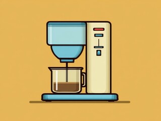Illustration of a simplified coffee maker brewing a fresh pot, depicted with clean lines and flat colors, set against a warm, neutral background