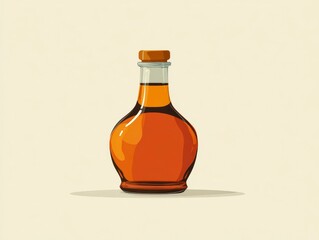Illustration of a single glass bottle, filled with a brown liquid, sealed with a cork stopper, set against a cream-colored background