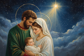 A classic illustration of the Holy Family. Mary and Joseph hold the baby Jesus under a starry night sky with the Star of Bethlehem. Christmas nativity scene oil painting