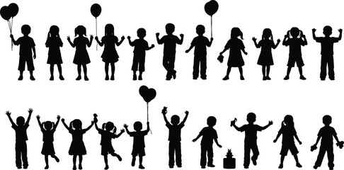 Set of happy children silhouettes with balloons and playful poses celebrating childhood joy isolated on white background vector illustration