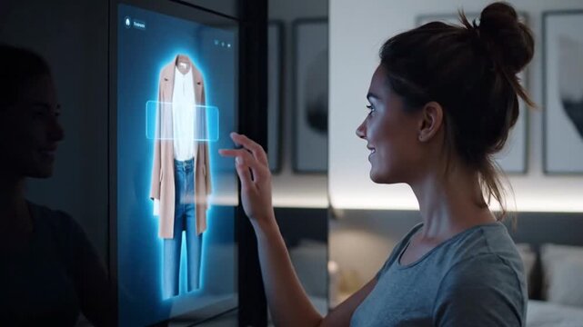 Young woman selecting virtual outfit on interactive smart home wardrobe screen