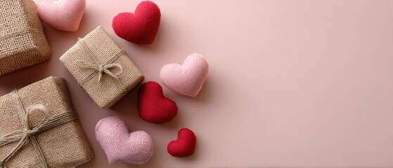 Fototapeta premium Charming valentines day flat lay with gift boxes and heart decorations on a pink table for a minimal design concept