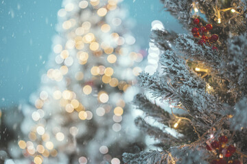 Frosted Christmas tree branch with red berries and golden bokeh lights, winter holiday decoration, festive background, warm Christmas atmosphere, classic seasonal ornament detail