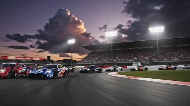 High-Speed Racing Cars on Track at Sunset - A Thrilling Visual Experience.