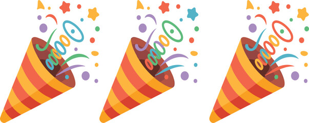 Set of colorful party poppers, confetti cones, streamers, stars, celebration, festive event graphic illustration vector