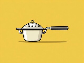 Illustration of a white cooking pot with a strainer lid and black handle on a yellow background