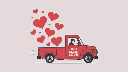 Red truck with hearts coming out, romantic flat illustration of love delivery