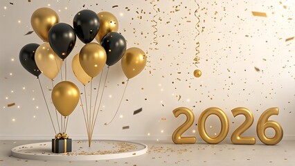 Elegant celebration of 2026 with golden balloons, confetti, and a festive gift
