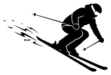 A black and white silhouette of a skier performing a jump, black, illustration, man, pole, profile, ski, ski pole, skier, slope, against transparent background