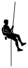 A silhouette of a man sitting on a pole, holding onto a rope, black, climber, hang, hook, man, pole, profile, rope, spear, swing, swinge, against transparent background