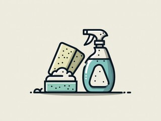 Illustration of cleaning supplies a spray bottle and sponge with suds, set against a neutral background