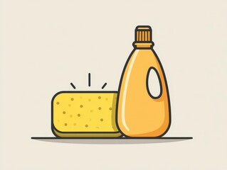 Illustration of cleaning supplies; a yellow sponge and a detergent bottle. Flat design, solid colors and thick outlines create a simple, clean aesthetic