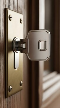 Closeup of door lock mechanism on wooden door