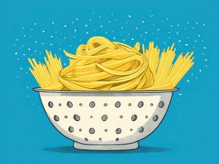 Illustration of cooked spaghetti and fettuccine pasta in a colander, with water droplets, against a blue background