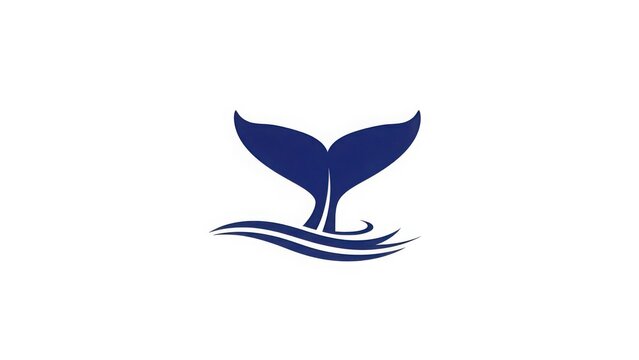 A minimalist blue whale tail logo icon emerging from ocean waves. Marine animal symbol for conservation or travel. Vector graphic illustration on a white background