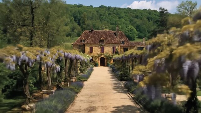 A stone house with purple shutters, a garden path, and wisteria-covered trellises in nature
