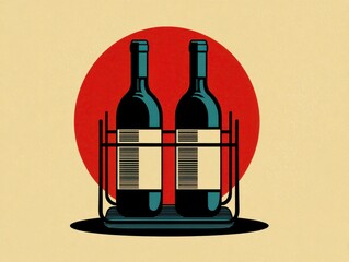 Illustration of two wine bottles in a holder, against a vibrant red circle backdrop and textured beige background