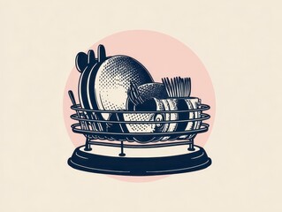 Line drawing of a dish drainer with plates, cups, utensils, and a pink circle background