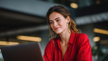 Fototapeta premium Cheerful Businesswoman In Red Shirt Working On Laptop In Modern Office: A Beautiful And Engaging Professional At Work