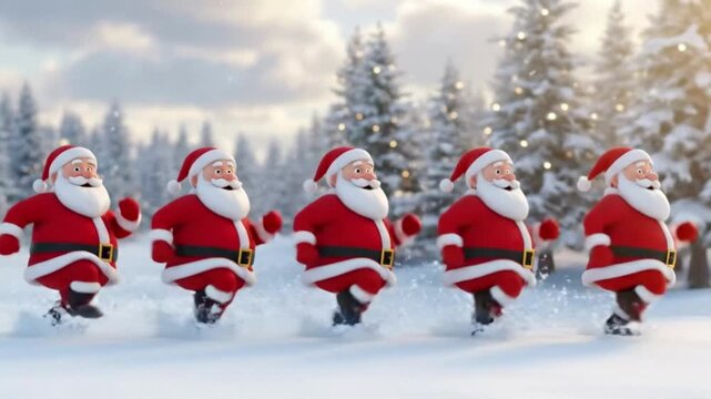 Row of funny Santa Clauses running across a winter wonderland landscape for a festive Christmas delivery concept and joyous celebration