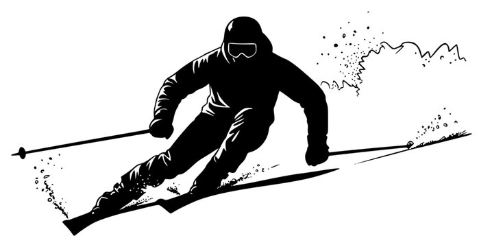 A silhouette of a skier in action, skiing down a hill, black, illustration, jump, man, pole, powder, profile, ski, skier, slope, against transparent background
