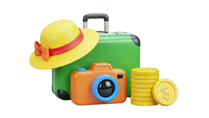 Travel Essentials: Suitcase, Camera, Hat, and Money for Vacation