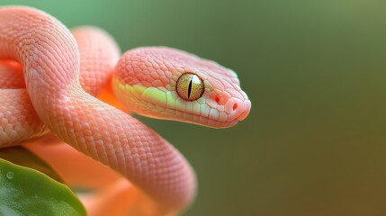 Fototapeta premium Closeup of a delicate pink serpent resting on green leaves, showing its yellow scaled eyes and textured skin.