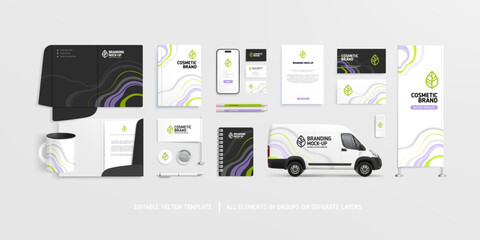 Cosmetic Shop Corporate Identity concept. Business Stationery Mockup set with abstract soft colors graphics design for Cosmetic brand. Office stationary items and Van mockup - editable template