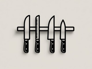Monochrome illustration of four kitchen knives displayed on a magnetic strip. The knives have black handles and different blade types, mounted on a neutral background