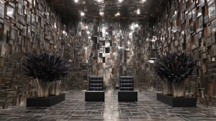 A modern, mirrored hall features textured walls, tiled floor, and two chairs. Dark ornamental plants flank each side