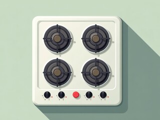 Overhead vector illustration of a four-burner cooking surface with knobs and rounded edges. Flat design on a light green background