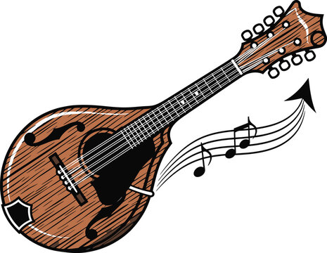 Outline of mandolin pear shape eight strings tuned, acoustic music line vector in solid wood grain accents, bluegrass icon
