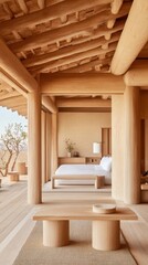 Fototapeta premium Peaceful bedroom sanctuary with natural wood beams, a comfortable bed, and serene outdoor views.