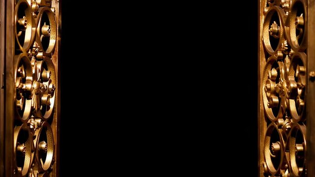 Golden luxury gate opening on black background. 3D rendered animation. Opening and Closing Golden Gates and Fence. Isolated from Black Background copy space