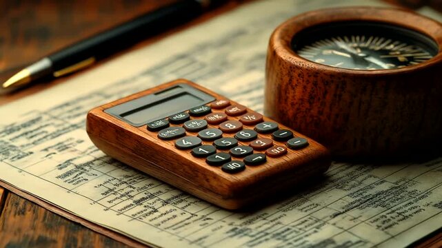 Vintage Calculator Compass and Pen on Old Document.