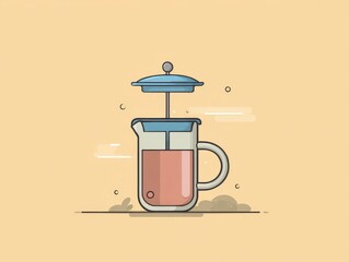Simplified illustration featuring a tea press with light-pink liquid inside, set against a warm beige background with minimalist design