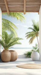 Fototapeta premium Tropical terrace with palm trees, woven pots, and ocean view.