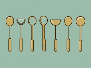 Simplified illustration featuring seven cooking utensils in various shapes, arranged in a row against a muted teal backdrop. The designs are minimalistic