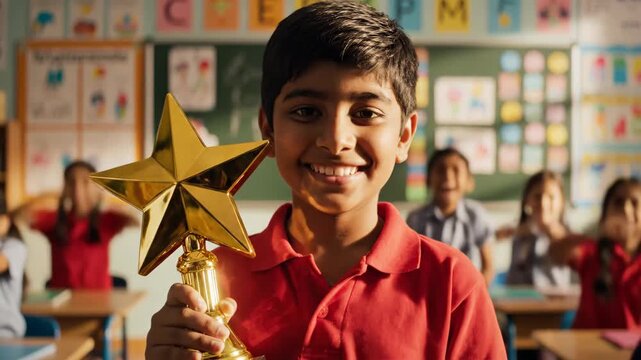 Proud Indian schoolboy holding a gold star trophy in a classroom. Happy student celebrating his academic achievement and success. Education and winning concept