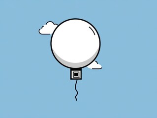 Simplified illustration of a white balloon with a black outline floating amidst stylized white clouds against a pale blue background