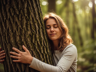 Woman hugging a large tree trunk in a sunlit forest, feeling peaceful and connected